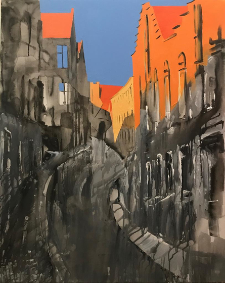 Улица в Брюгге из серии - красные дома на площади